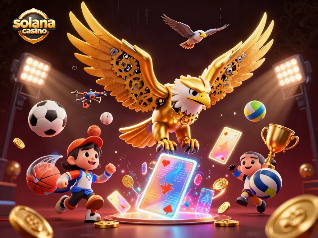 Experience the thrill of a solana casino with this vibrant 3D illustration of a cybernetic eagle amid dynamic gaming elements.