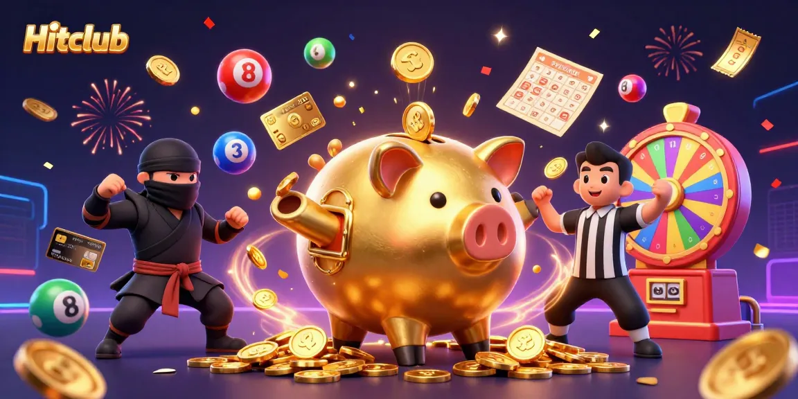 Experience Hitclub's excitement with a 3D golden piggy bank sumo wrestler celebrating a lottery win amidst colorful game elements.