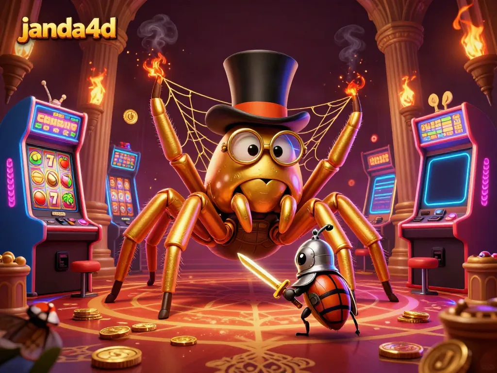 Gambar janda4d menampilkan tarantula emas raksasa di kasino dengan mesin slot berwarna-warni.
