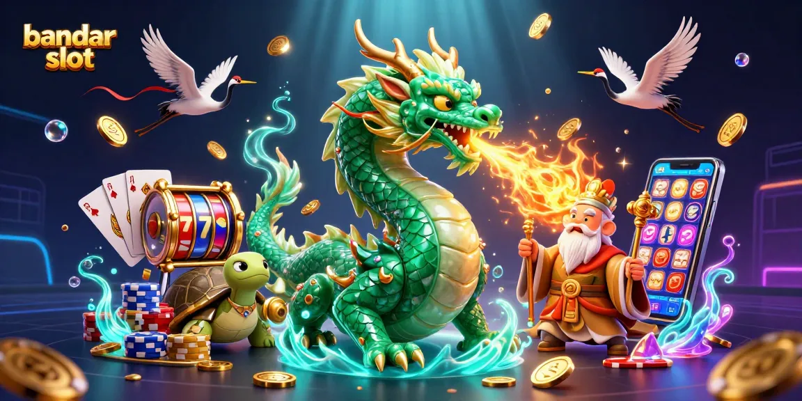 Bandar slot dengan karakter naga dan koin emas yang berkilau di sekitarnya.