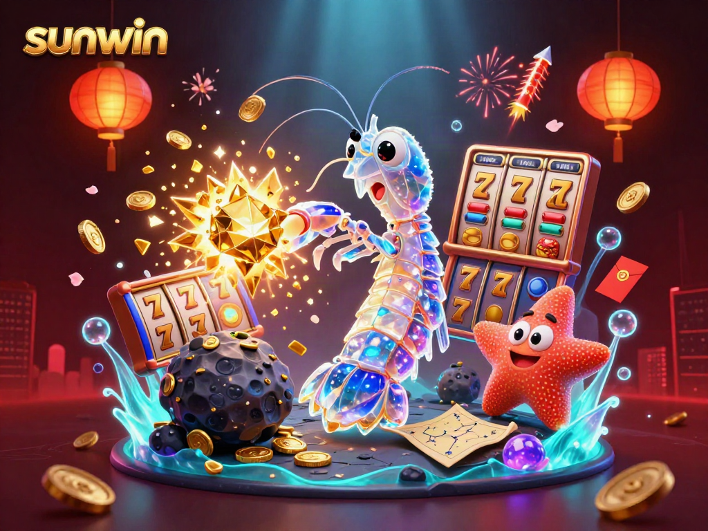 Experience the thrill of sunwin with a galactic samurai shrimp amid coins and jackpot reels.