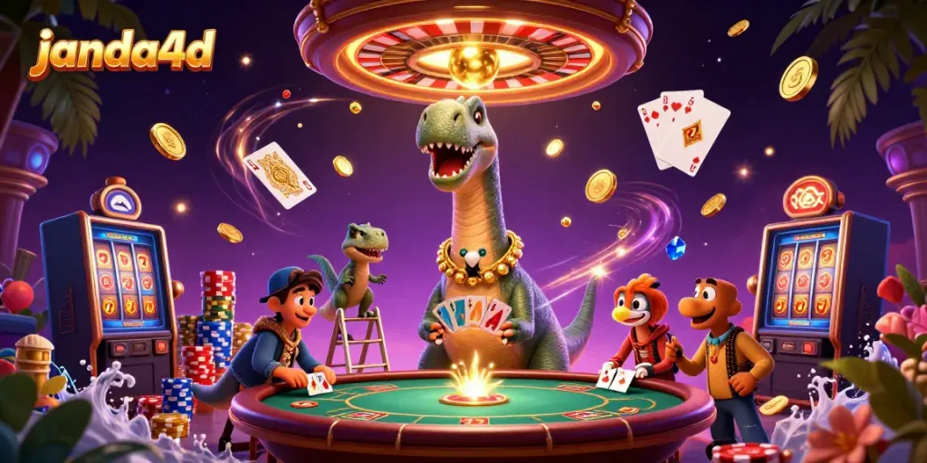 Slot gacor janda4d dengan dino, kartu, dan koin bertaburan, penuh warna.