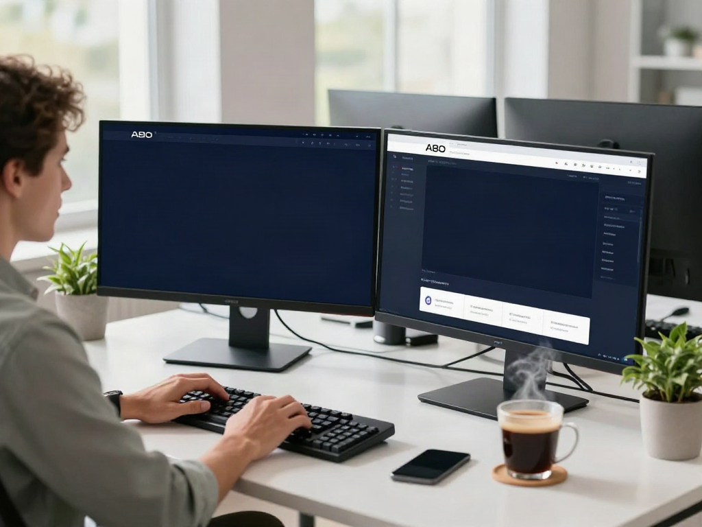 The A80 website displayed on multiple screens in a modern workspace.