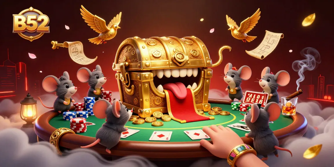 Join adventurer mice at the B52 treasure chest while navigating through lively poker action and bright casino elements.
