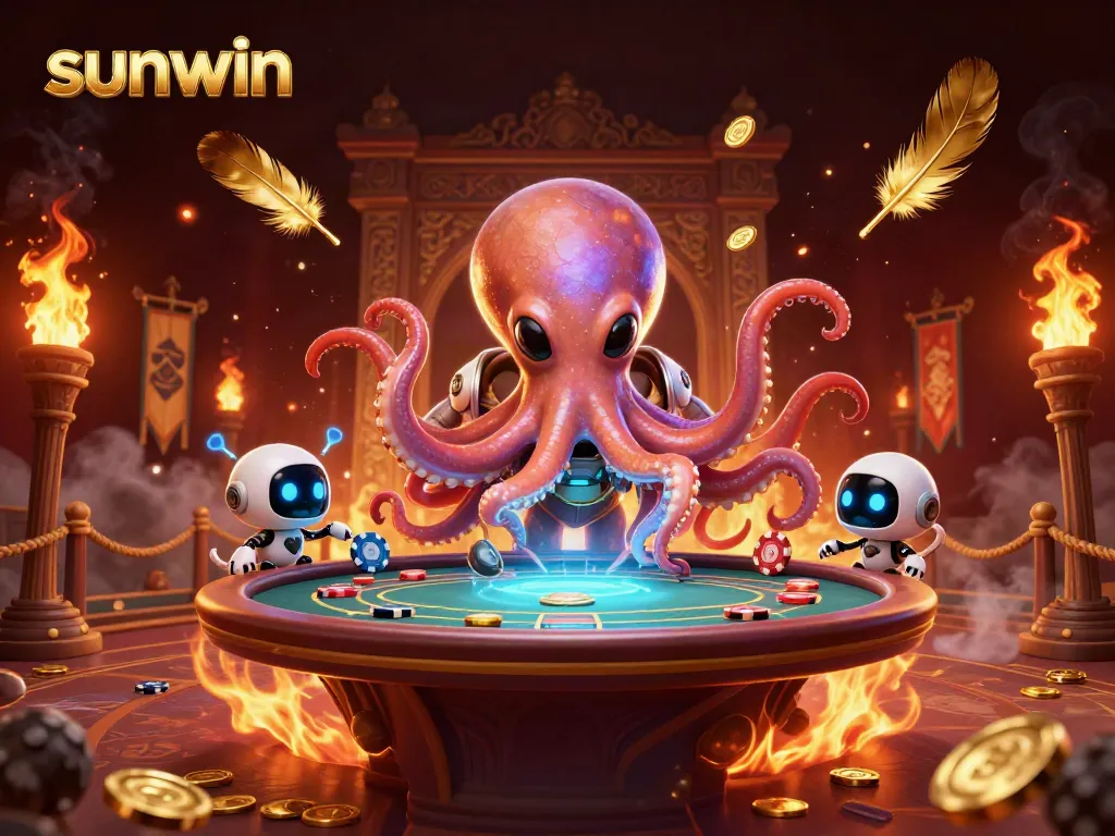 Sunwin's alien octopus operates a holographic poker table, embodying excitement in a vibrant casino atmosphere.