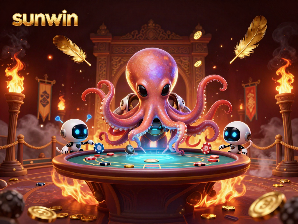Sunwin's alien octopus operates a holographic poker table, embodying excitement in a vibrant casino atmosphere.