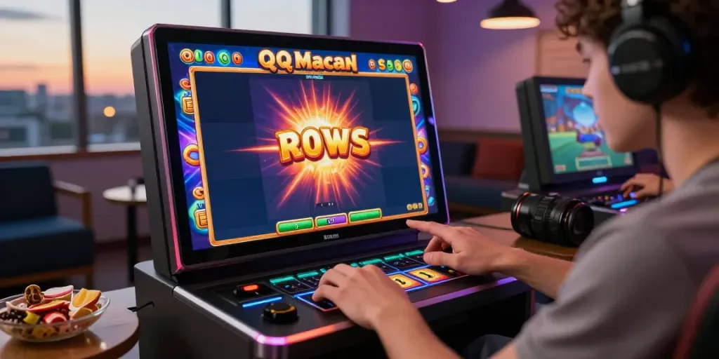 Player enjoying QQMacan slot games on mobile device in vibrant gaming atmosphere.