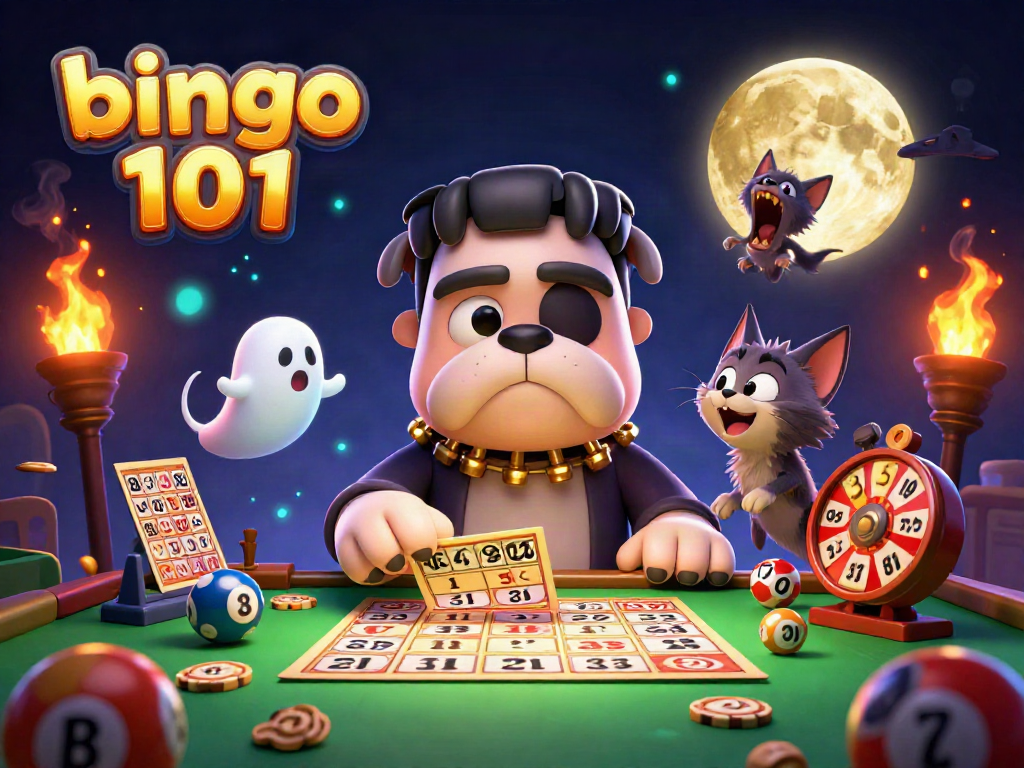 Bingo 101 illustration featuring a Frankenstein bulldog and a werewolf kitten playing bingo at a haunted table.