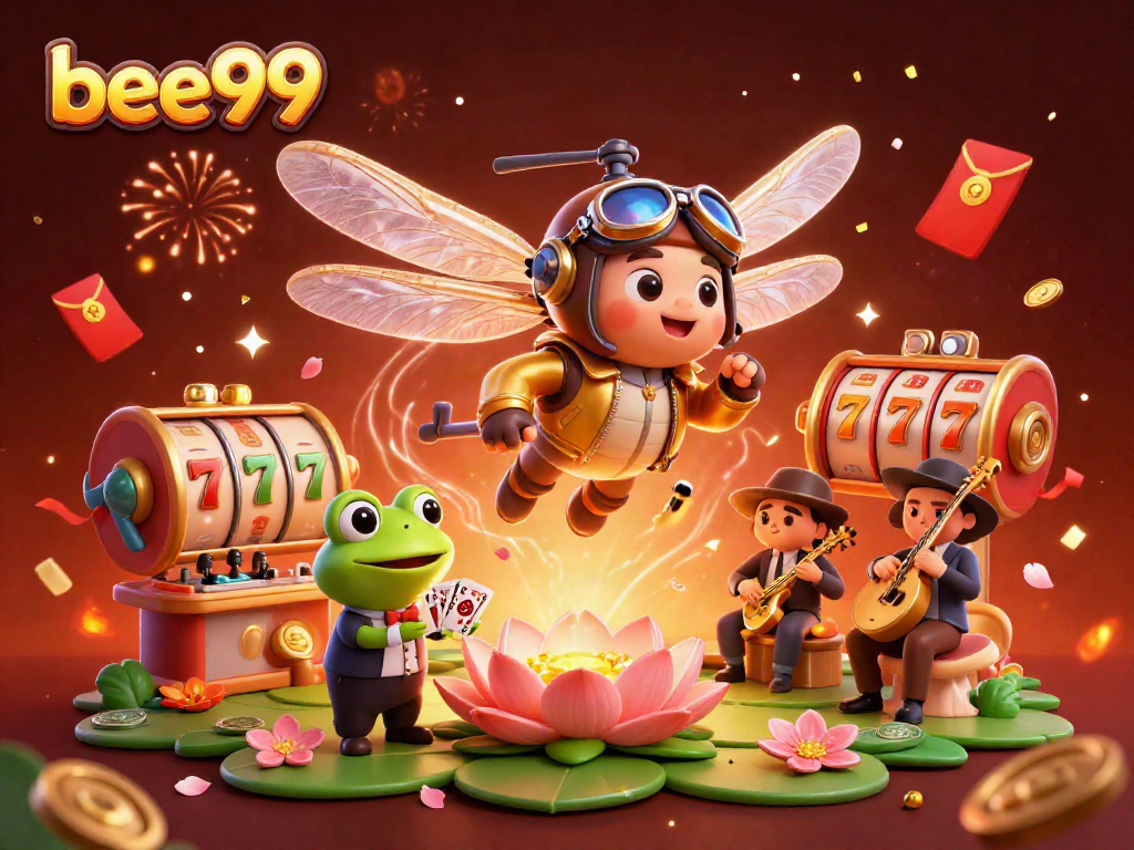 Engage with bee999's vibrant casino world featuring a dragonfly pilot and frog croupier.