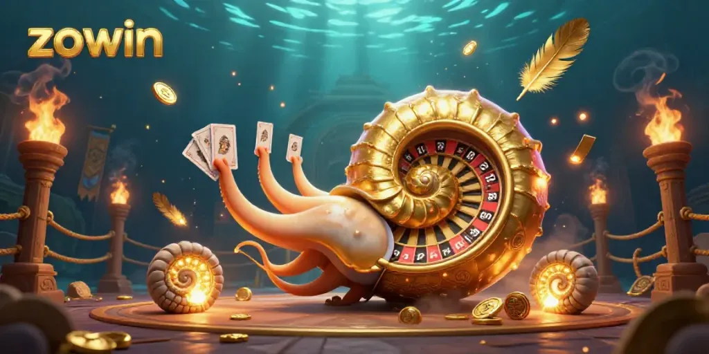 Experience the excitement of zowin as you engage with an ancient nautilus roulette wheel amidst a vibrant casino backdrop.