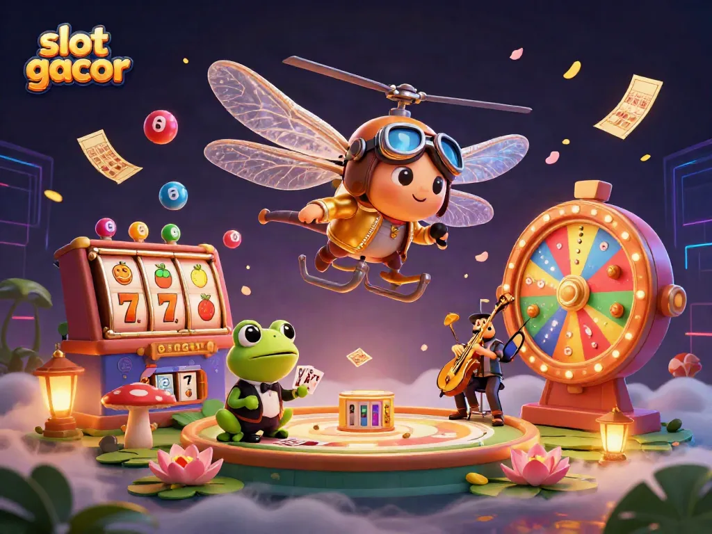 Slot gacor dengan karakter kasino 3D berinteraksi di lingkungan yang penuh suasana dan elemen permainan.