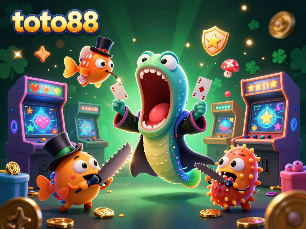 Engage in the thrilling magic of toto88 with a bioluminescent eel performing card tricks in a vibrant casino scene.