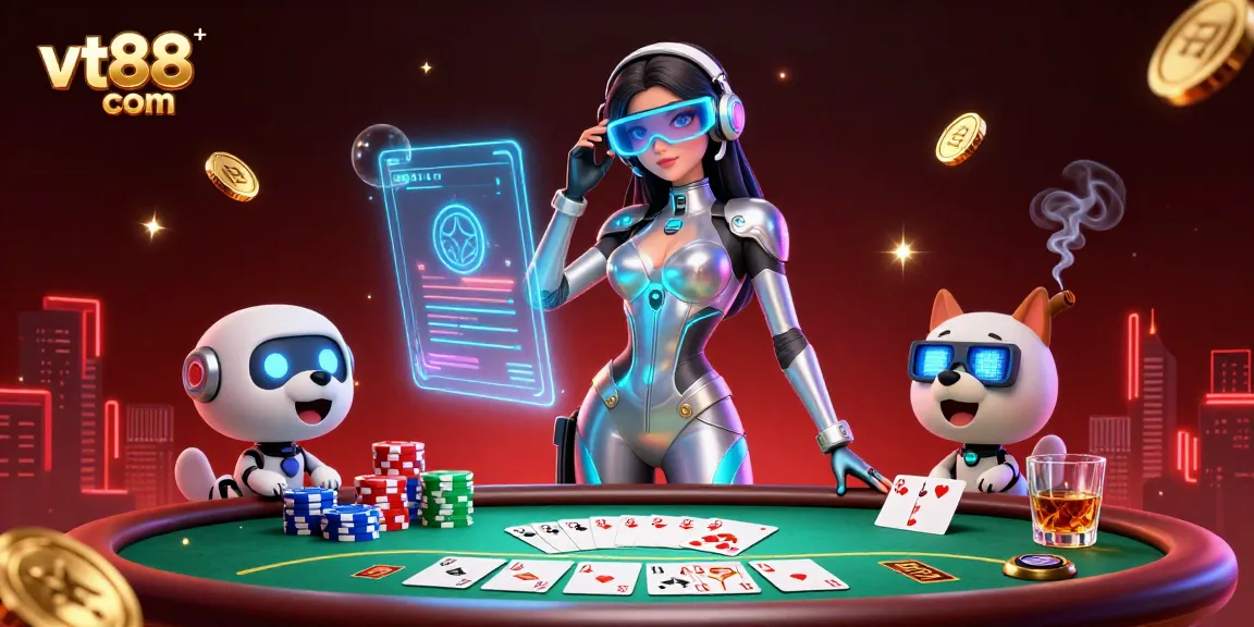 Engage with vt88 com in this vibrant 3D casino scene filled with poker elements and futuristic characters.