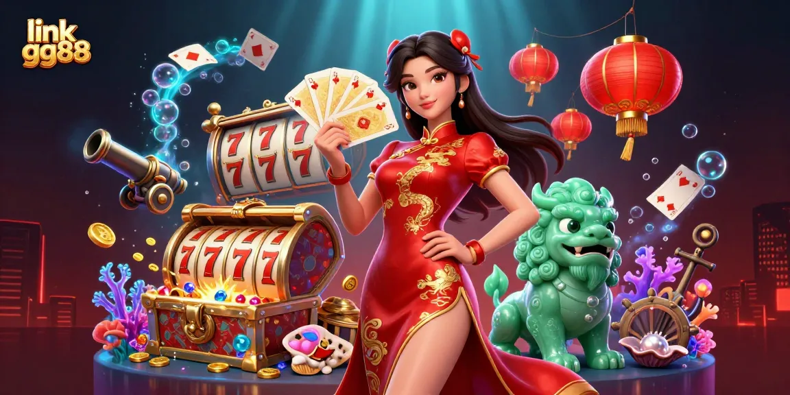 Engage in thrilling gaming action at link gg88, featuring a woman in a qipao, treasure, and vibrant casino elements.