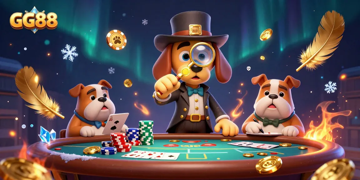 Engage with GG88’s poker scene featuring a detective dog duo exploring clues in a vibrant casino.