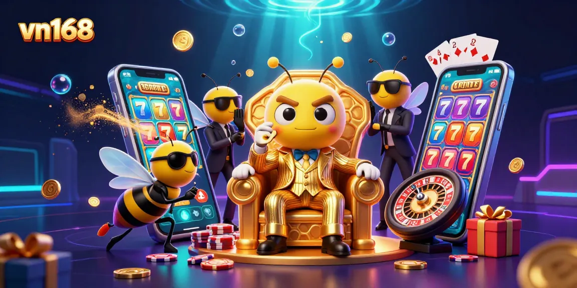Experience the excitement of vn168 with a dynamic casino scene featuring a bumblebee mob boss amid colorful slot games and golden coins.
