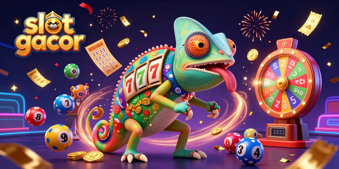 Engage with thrilling slot gacor action as colorful lottery balls and golden coins fly through a vibrant casino scene.