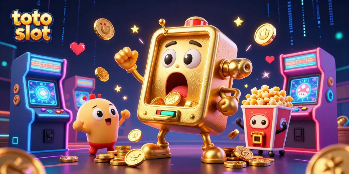 Spin the jackpot with the lively toto slot machine in a vibrant gaming arcade scene