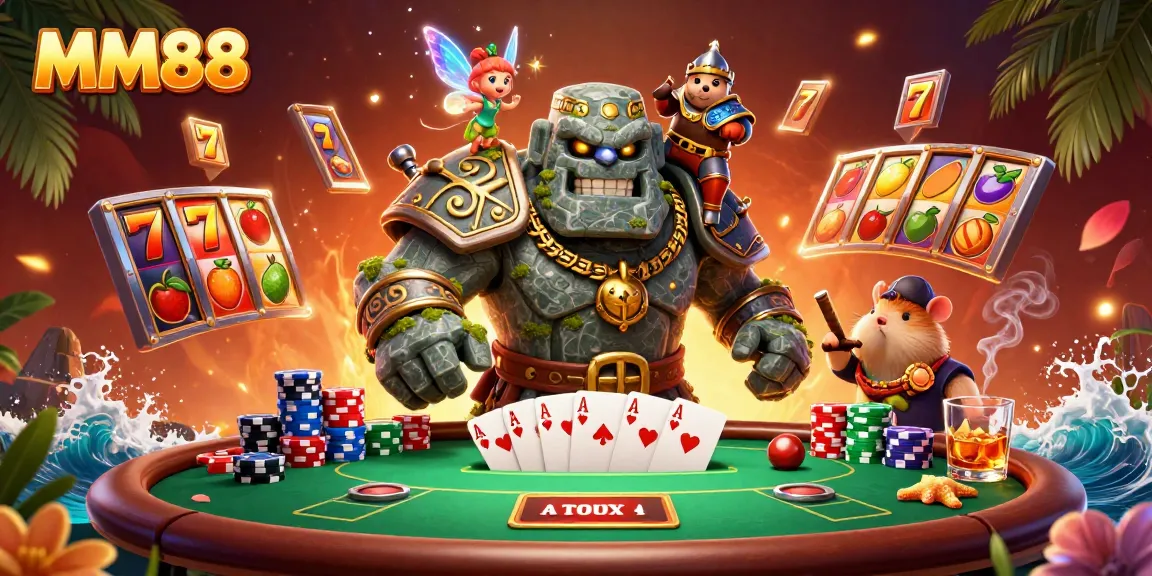 Spin slot reels and unleash excitement with MM88's vibrant casino illustration showcasing dynamic characters and games.