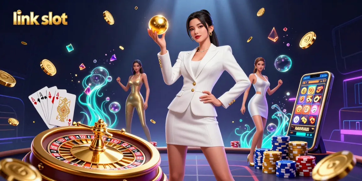 Spin and win with link slot featuring a confident woman and golden casino elements.