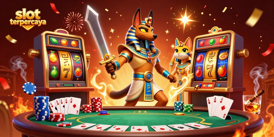 Experience exhilarating slot terpercaya gaming with vibrant 3D scenes of victorious characters amidst slot machines and poker elements.