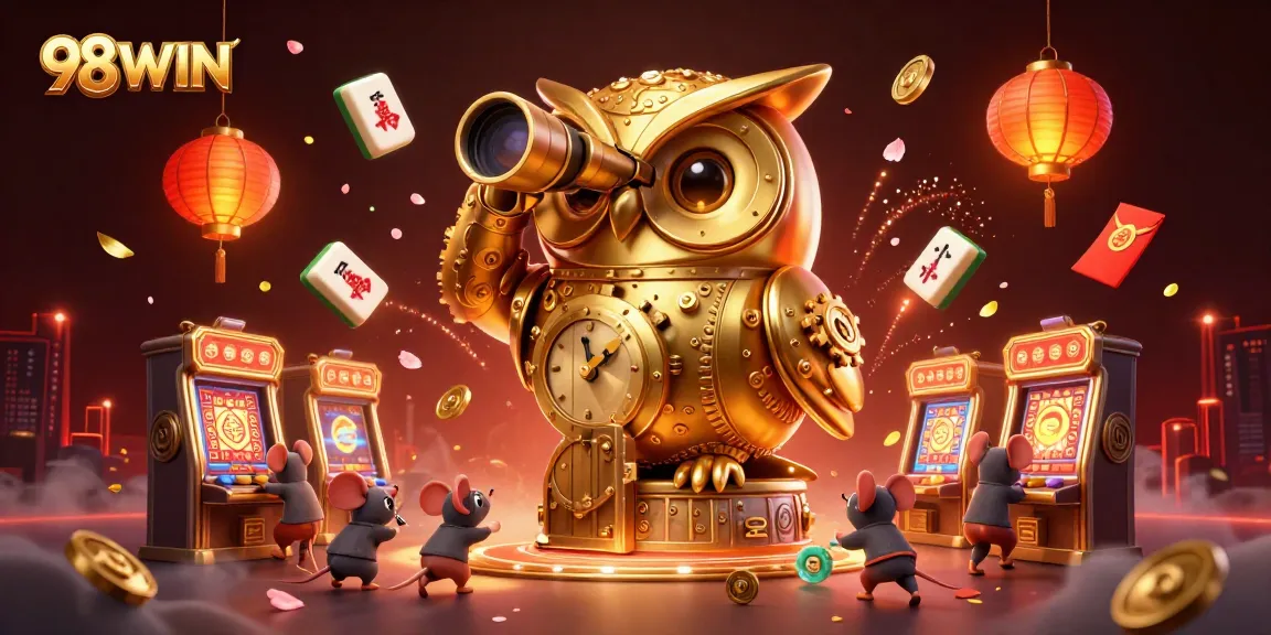 Engage with 98WIN's animated casino scene featuring a golden owl and vibrant slot machines.