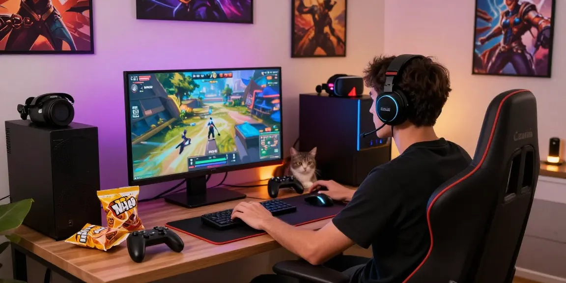 LUCK8 gaming enthusiast in a modern gaming setup, vibrant LED lights and snacks creating an energetic atmosphere.