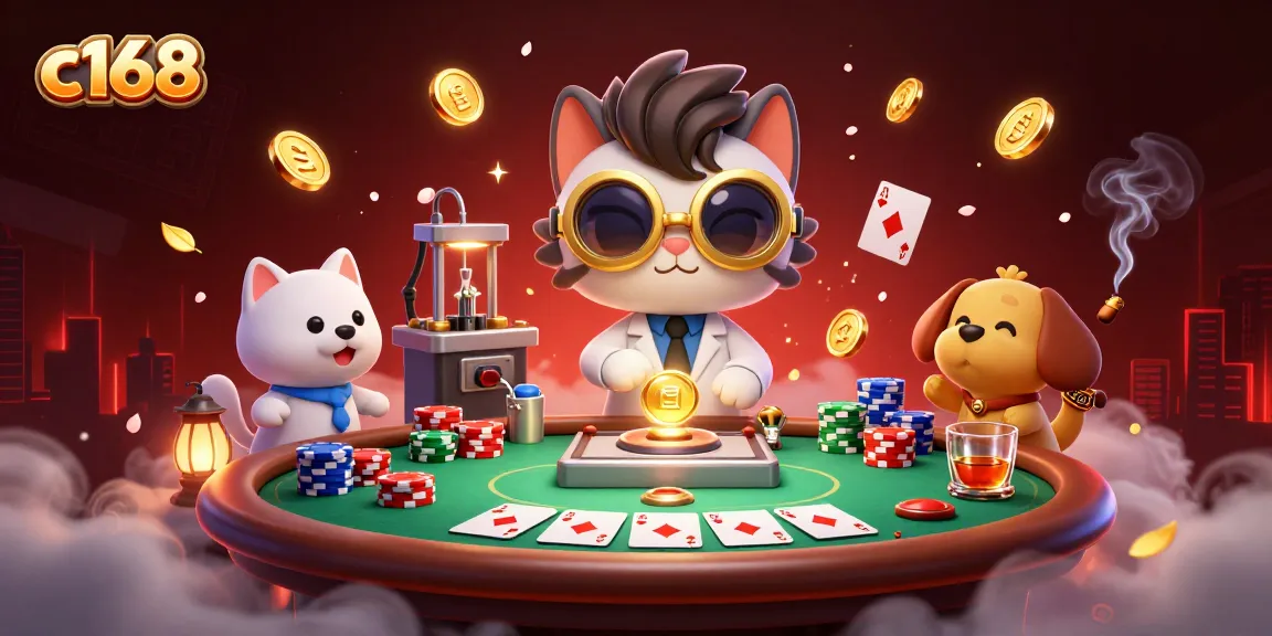 Experience thrilling gameplay at c168 with a vibrant scene showcasing poker chips and characters engaging in card games.