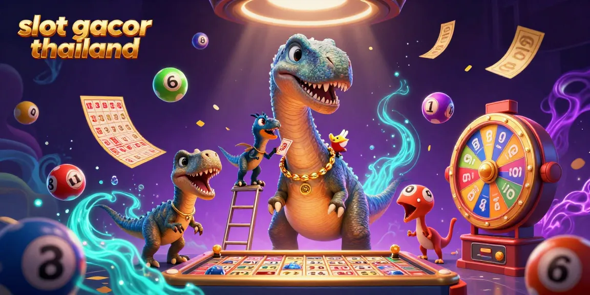 Experience the excitement in slot gacor thailand with a dynamic casino scene full of playful dinosaurs and vibrant game elements.
