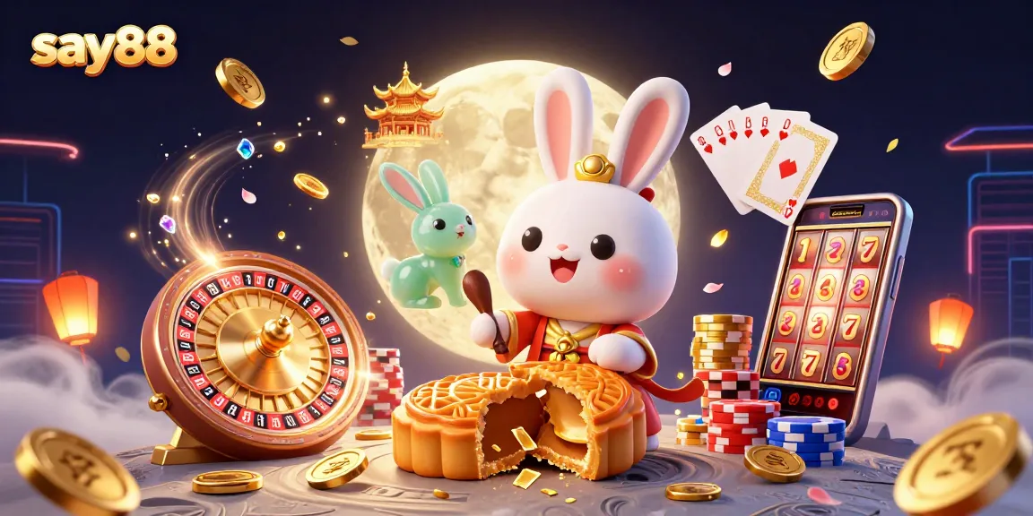 Spin and win with say88 in this vibrant 3D digital scene featuring casino elements and characters.
