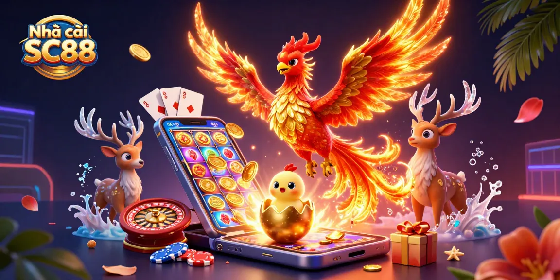 Engage with Nhà cái SC88's vibrant casino scene showcasing a phoenix and slot game elements.