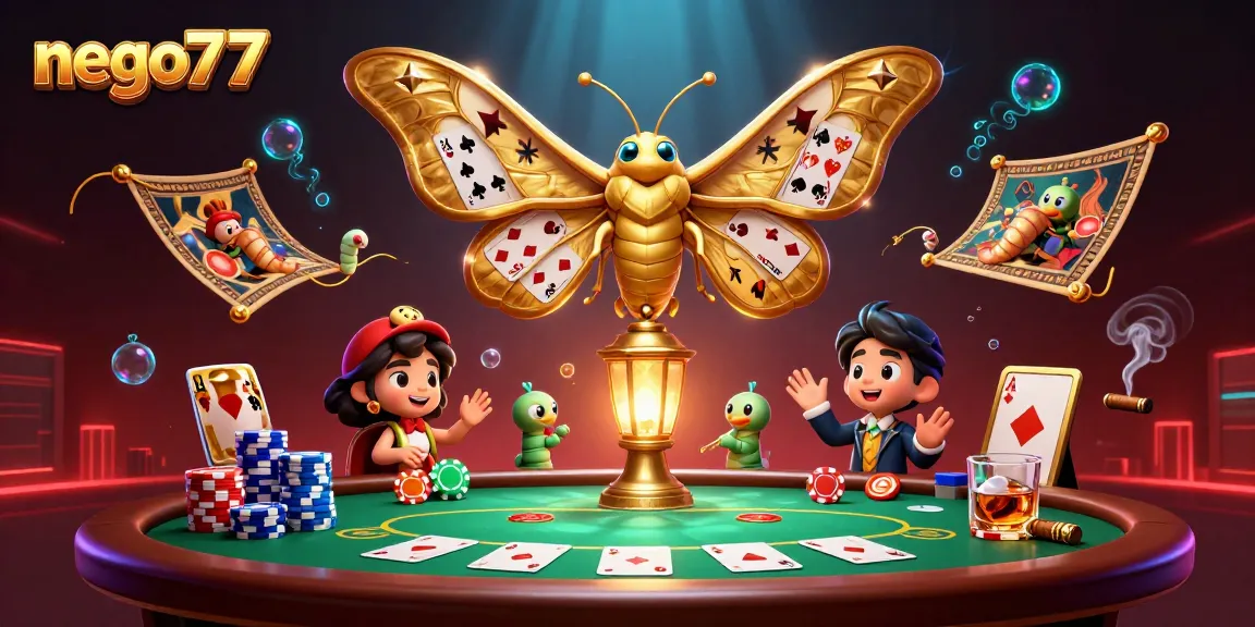 Experience thrilling gameplay with nego77, featuring vibrant poker elements and a majestic moth symbolizing fortune.