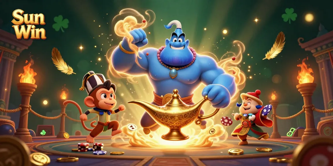 Experience Sun Win with a magical genie and poker-themed odyssey in a vibrant casino illustration.
