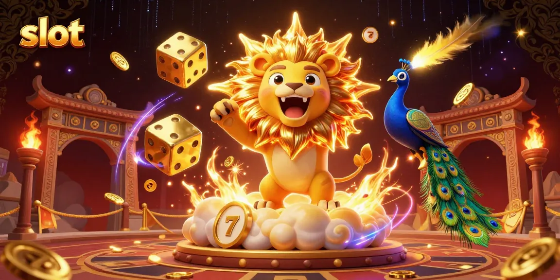 Experience thrilling slot action with golden lions and cosmic dice in this vibrant 3D illustration.