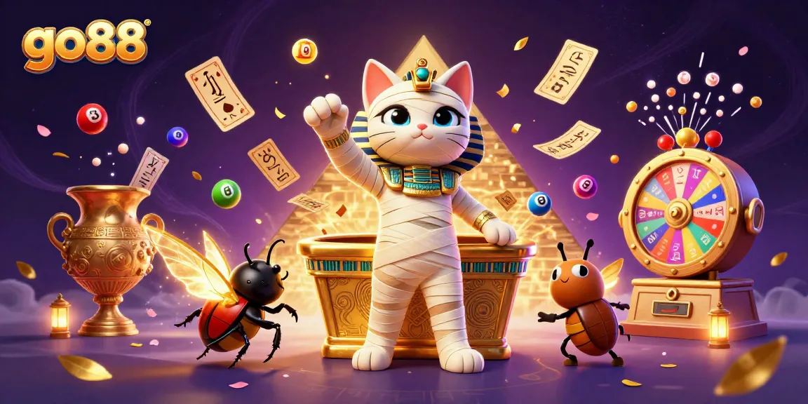 Join the gaming adventure with go88 featuring an Egyptian kitty and vibrant casino elements!