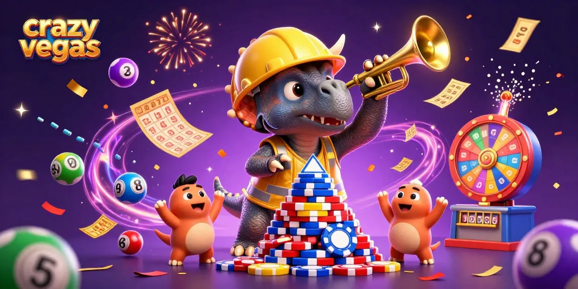 Experience the fun of crazyvegas with a vibrant scene of a triceratops and friends celebrating a poker chip pyramid.